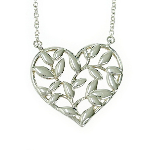 TIFFANY Co Silver Olive Green Leaf Heart Necklace - Picture 4 of 7